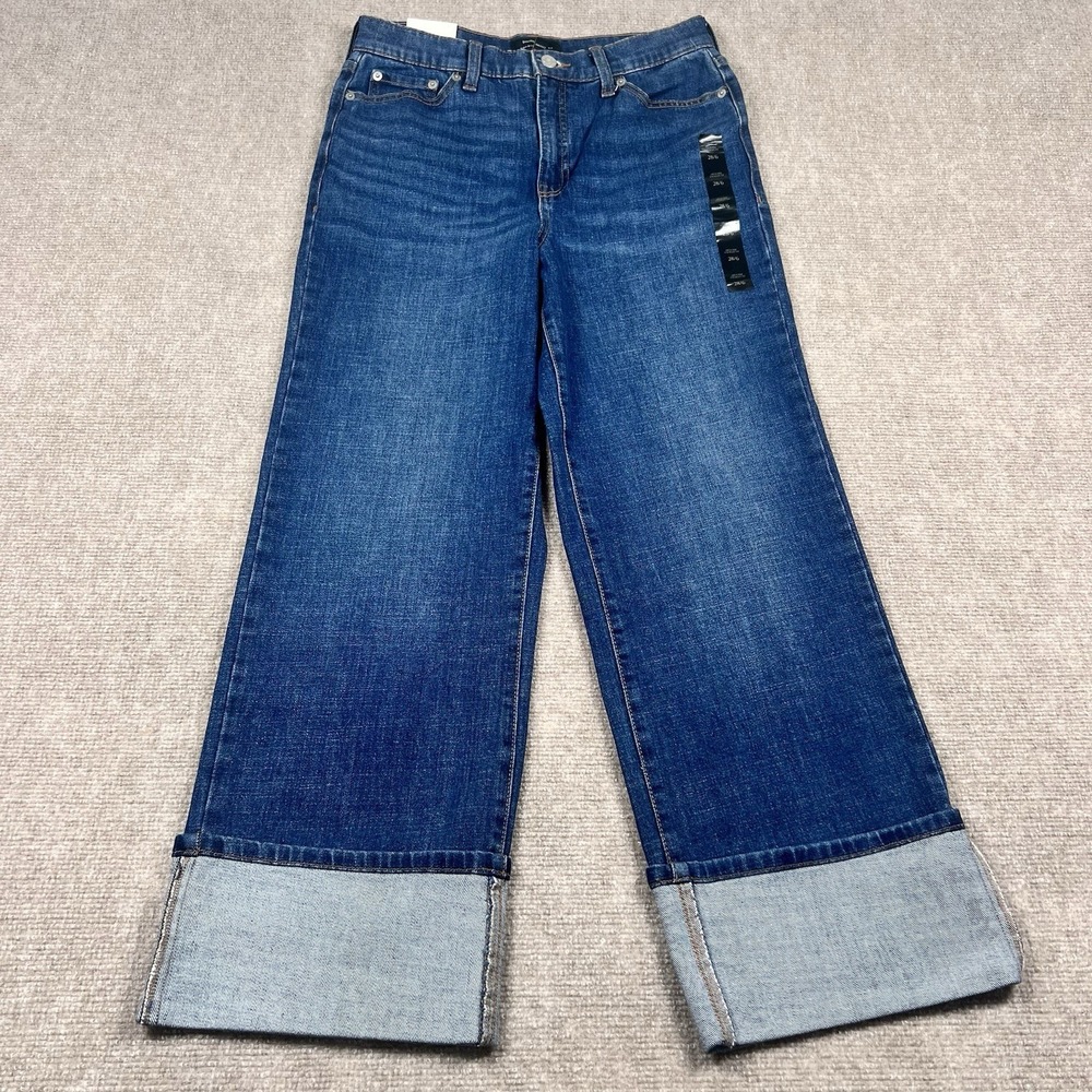 Banana Republic Dark Blue Wide-Leg Cropped Jeans with Cuffed Hem